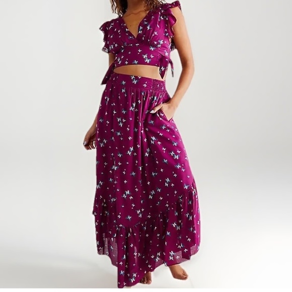 Free People Pretty Dayz 2-Piece Set Magenta Butterfly Print Size M EUC #bohochic - Picture 1 of 7
